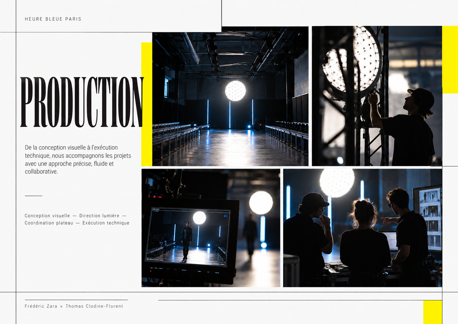 Planche de présentation « Production » montrant les coulisses d’un défilé de mode, des éclairages de studio, un écran de contrôle vidéo et une équipe de production.