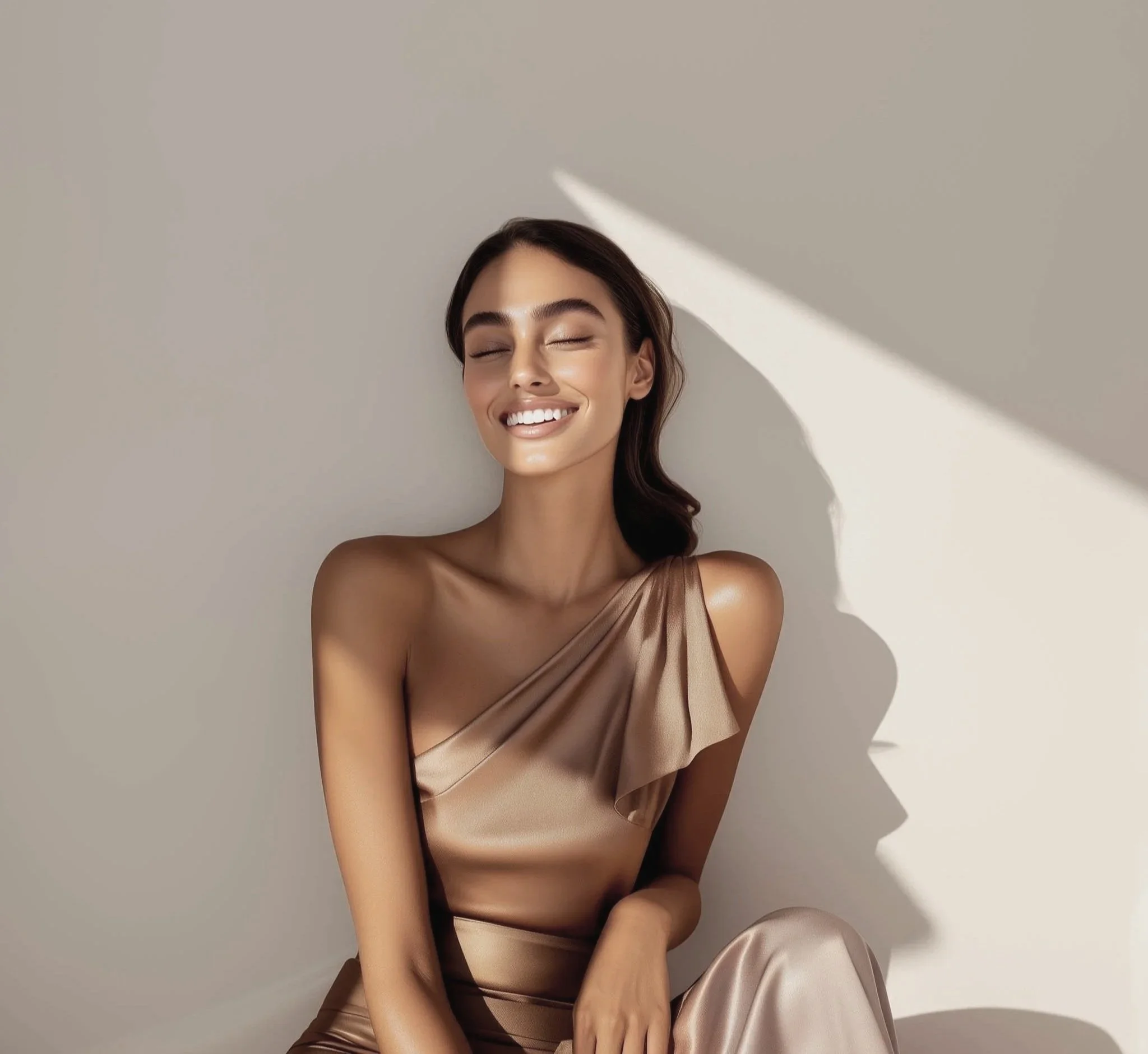 Une femme souriante avec les yeux fermés, portant une robe satinée beige, assise devant un fond neutre avec une ombre brillante de lumière diagonale.