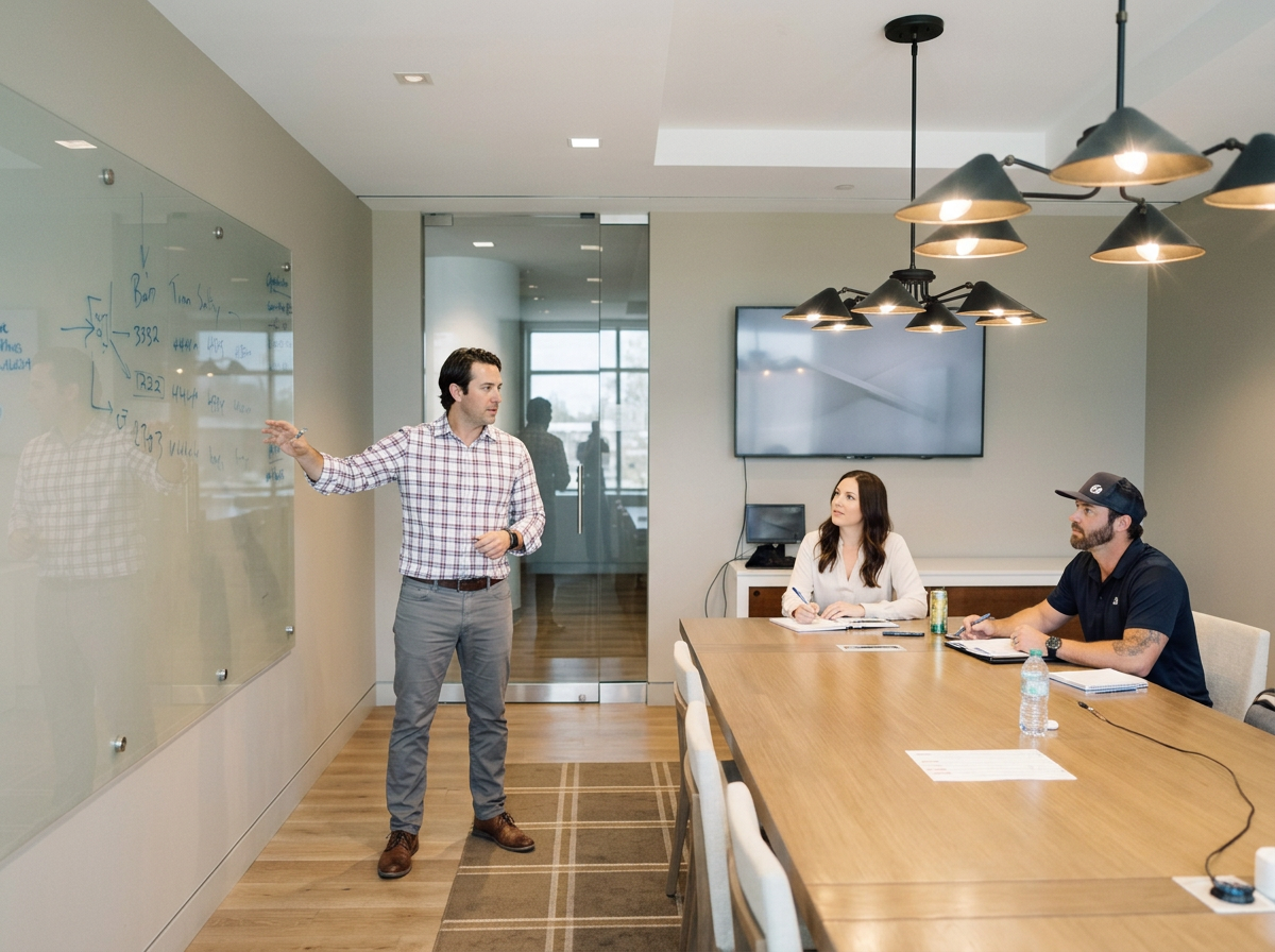 A System & Soul coach in a checkered shirt standing and pointing at a whiteboard during a meeting, with two members of a business leadership team, one a woman taking notes and another a man listening.