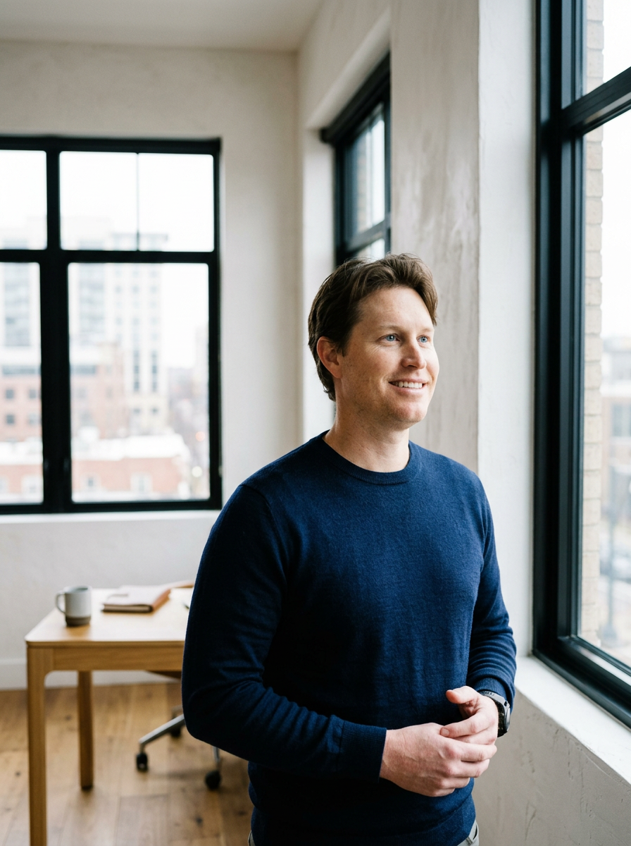 A leadership with brown hair, wearing a navy blue long-sleeve shirt, standing near a large window and smiling in an office space.
