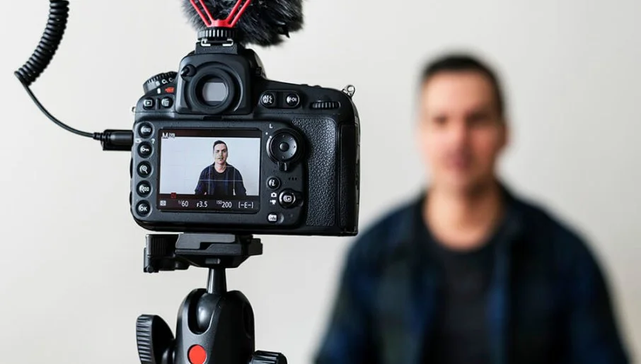 Digital camera with a video recording screen displaying a man being filmed, blurred in the background