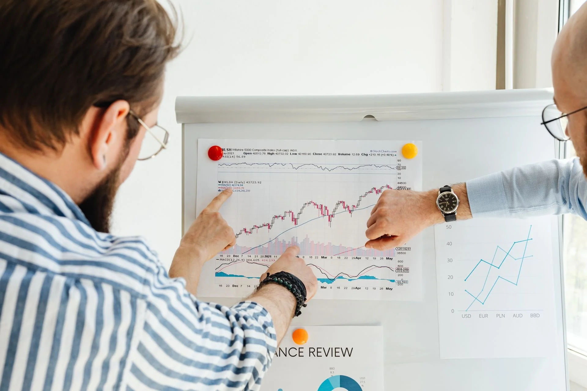 Two men pointing at a stock chart on a presentation board during a financial review meeting.
