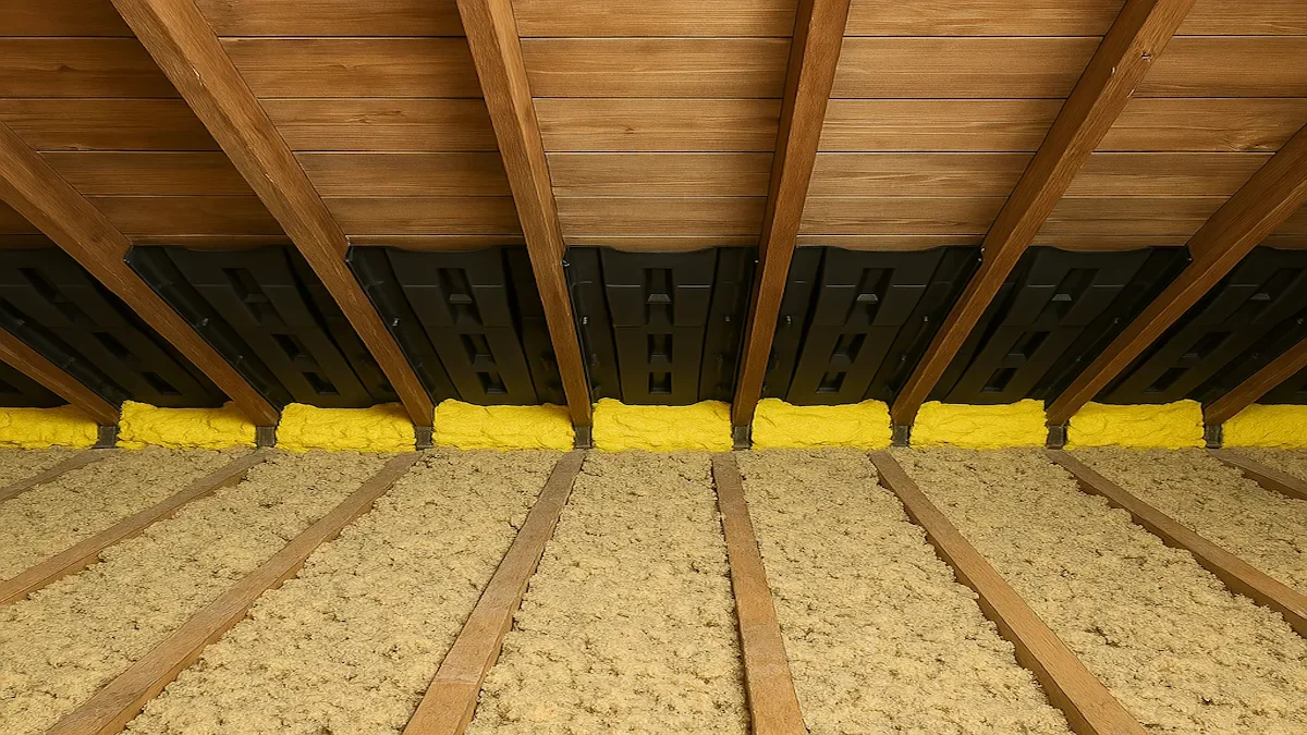 View of a ceiling with wooden beams, black vents, and yellow insulation foam in an attic space.