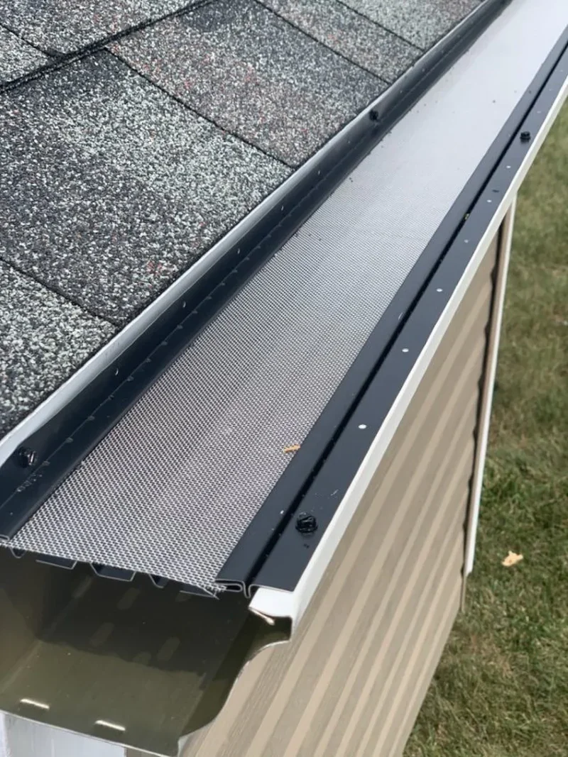 Close-up of a metal gutter guard installed along the edge of a roof with asphalt shingles, on the side of a building.