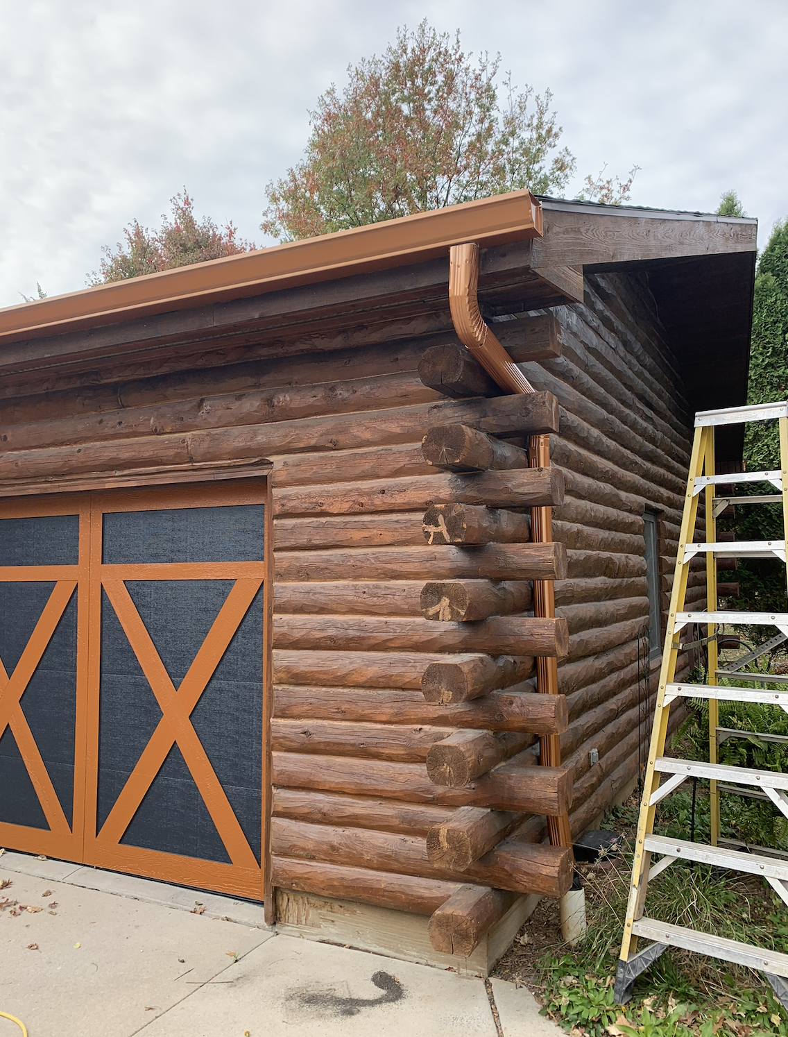 Close-up of a rustic log cabin corner with wooden logs, a metal roof, and a ladder leaning against the wall.