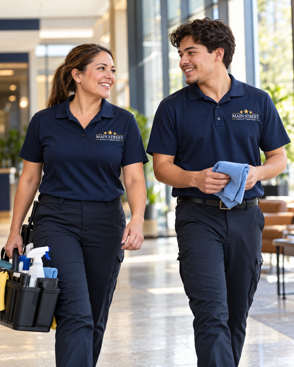 Two Main Street Facility Services team members with cleaning supplies in a workplace