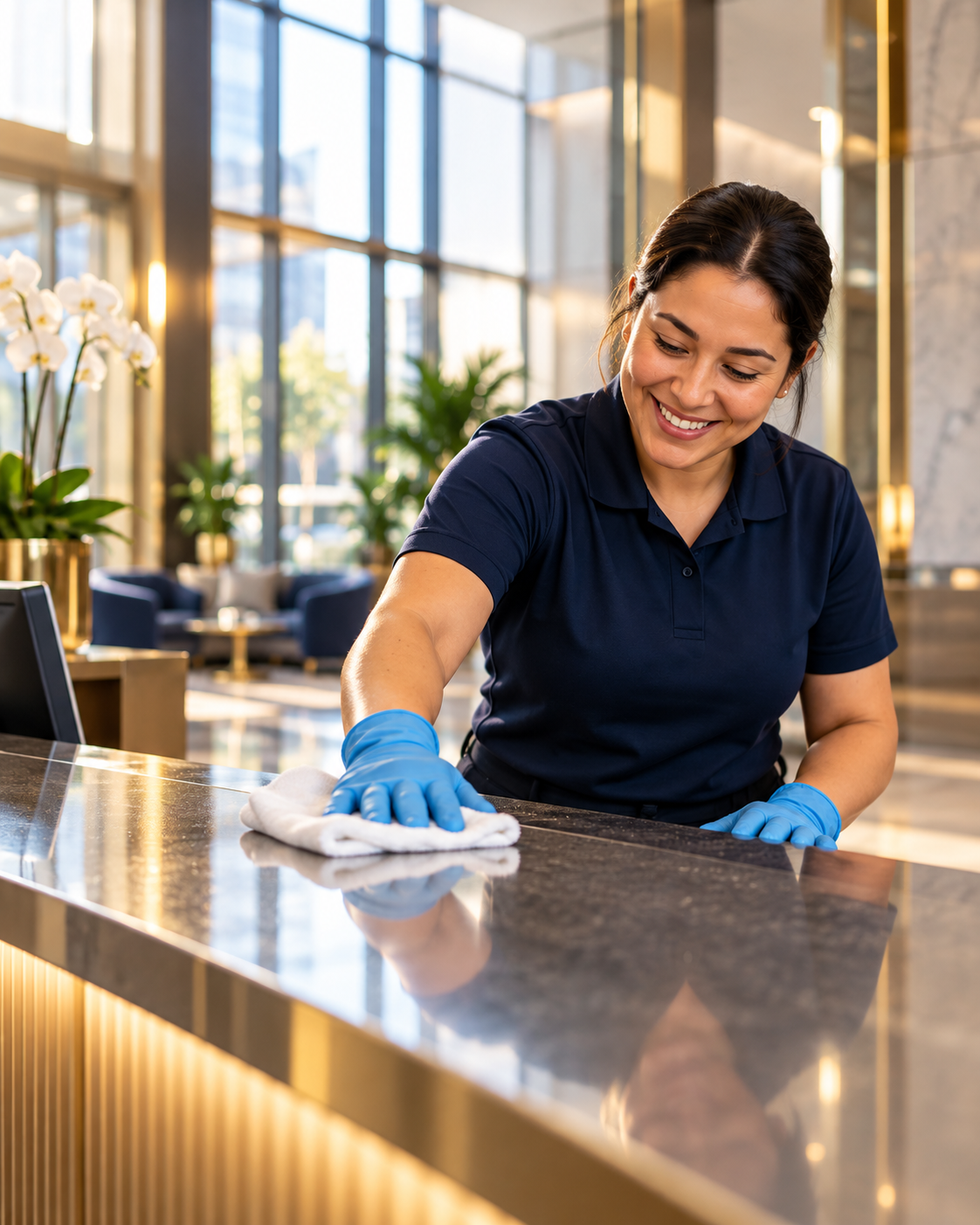Main Street team member cleaning a sunlit lobby counter