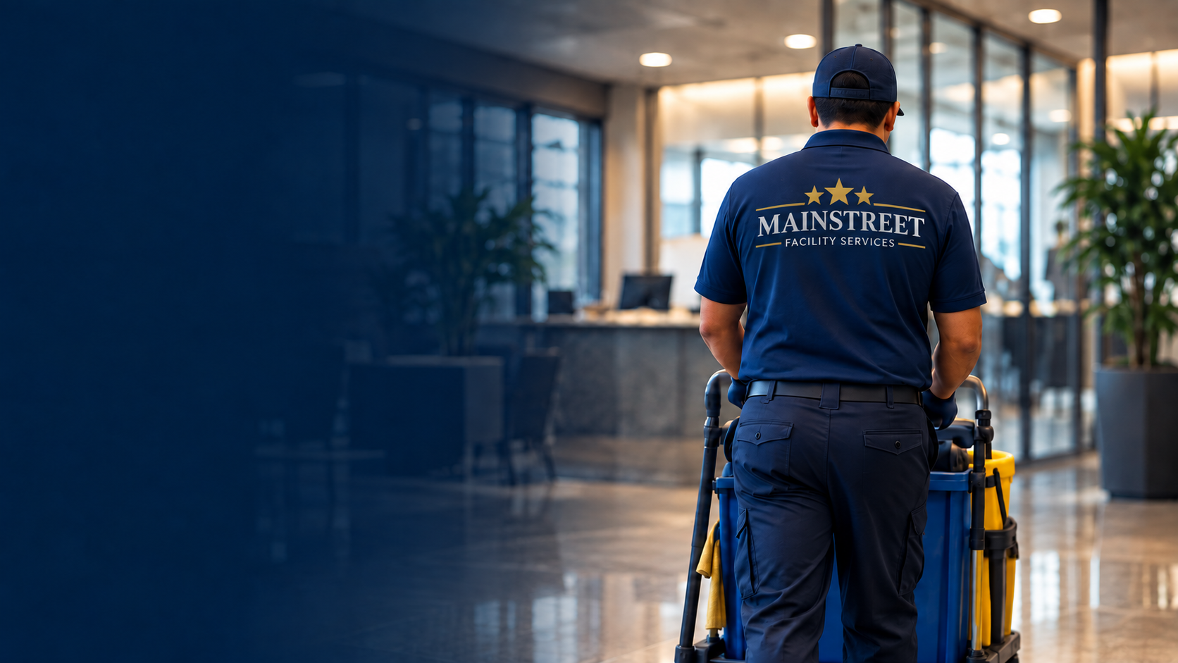 Main Street Facility Services team member with a cleaning cart in an office lobby