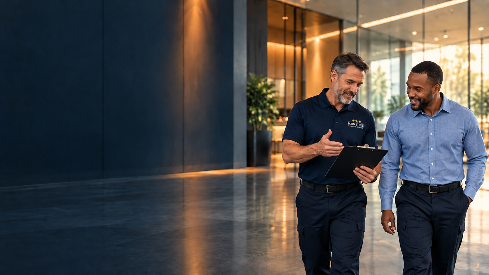 Main Street representative reviewing a tablet with a client in a building lobby