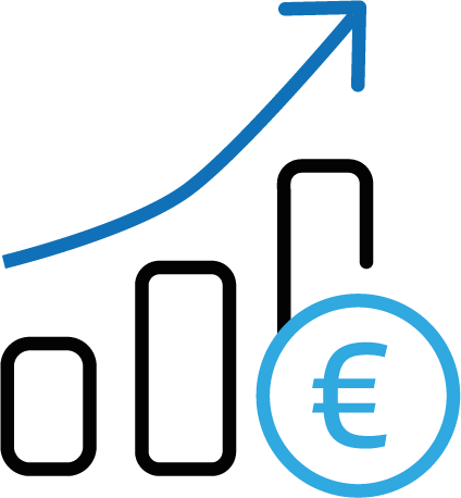 Grafik mit steigender Linie, Balkendiagramm und Euro-Symbol, Darstellung von wirtschaftlichem Wachstum.