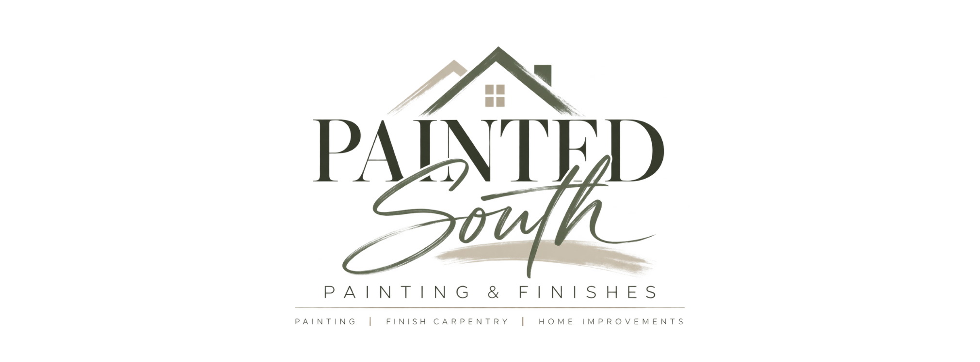 Logo of Painted South, a painting and finishing company, featuring a stylized house roof and window with the company name in elegant script and serif fonts.