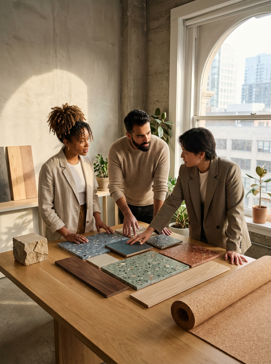 Three people discussing various tile samples and design options on a wooden table in an office or studio with natural light from large window, during daytime.