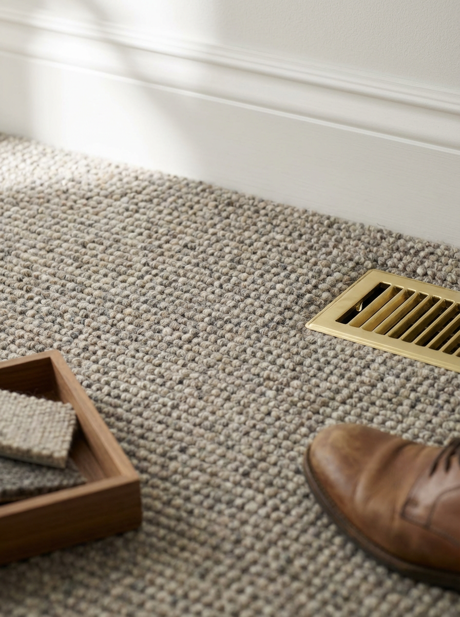 Carpeted floor with a beige air vent, a wooden tray with fabric samples, and a brown leather shoe.