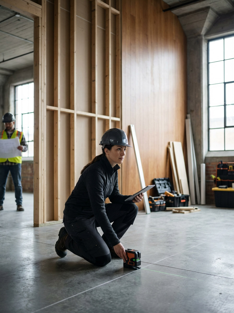 A woman construction worker in a black helmet kneels on the floor measuring with a laser distance meter, holding a tablet. In the background, a man in a yellow safety vest and helmet reviews blueprints inside an unfinished interior with wooden framing and large windows.