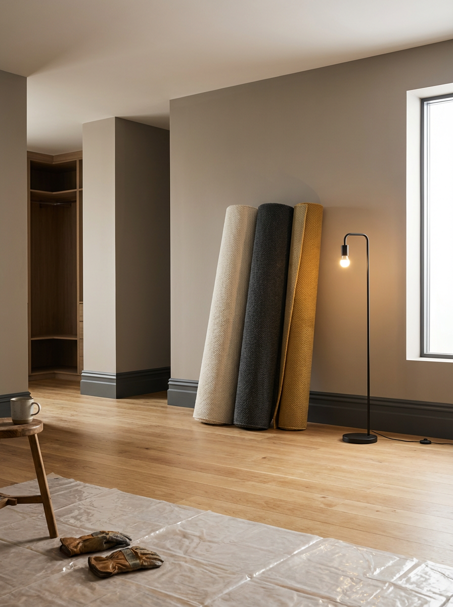 Four rolled carpets in different colors leaning against a wall in a room with wooden flooring and a window, standing next to a modern floor lamp with an exposed bulb, near some shoes and a small table with a mug.