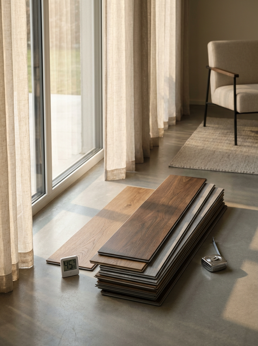 Stack of wood laminate flooring planks near a glass sliding door, digital thermometer showing 45°F, tape measure, and a beige armchair in the background.
