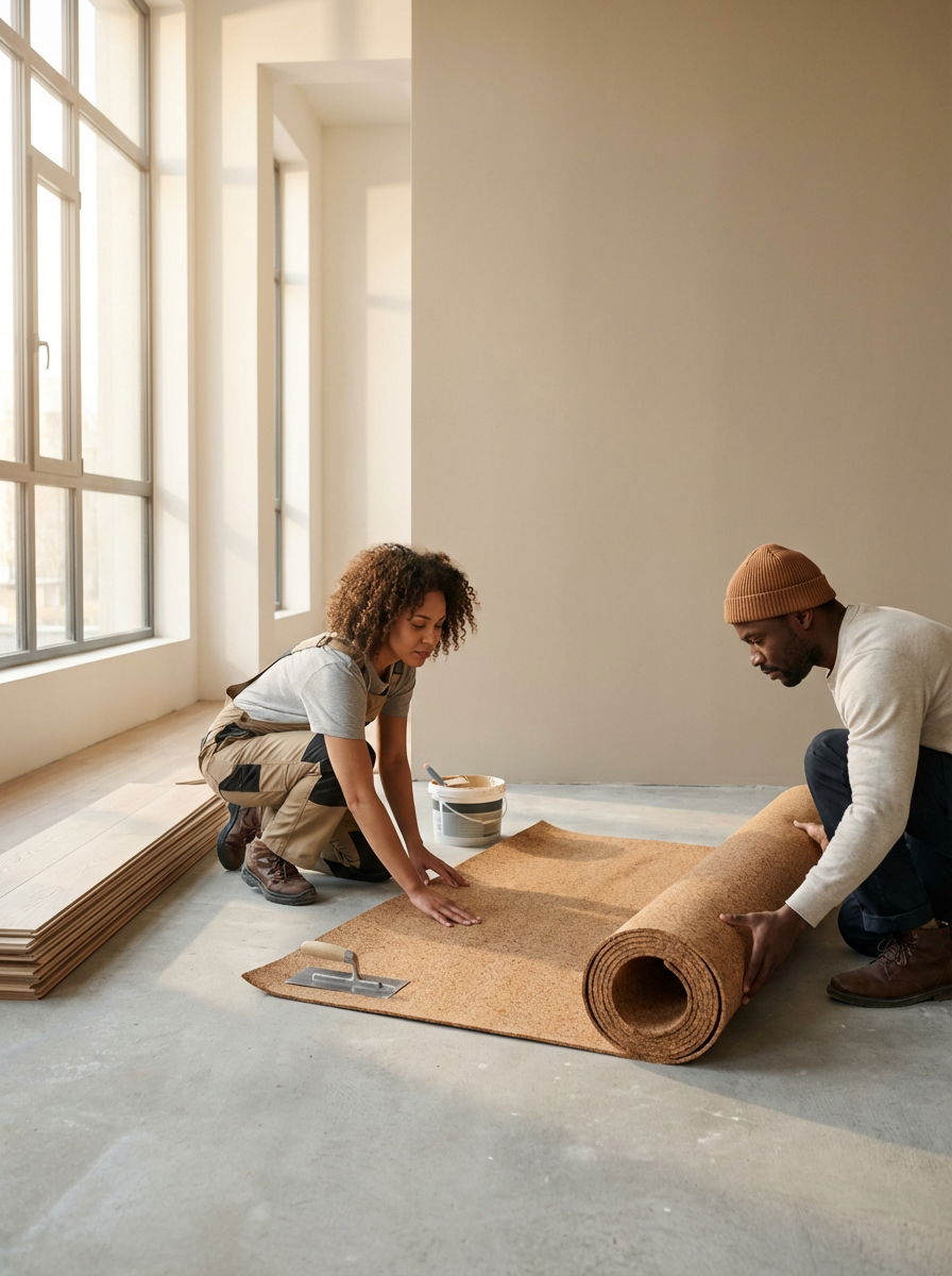 A woman and a man installing a brown carpet roll on a concrete floor in a room with large windows and white walls.
