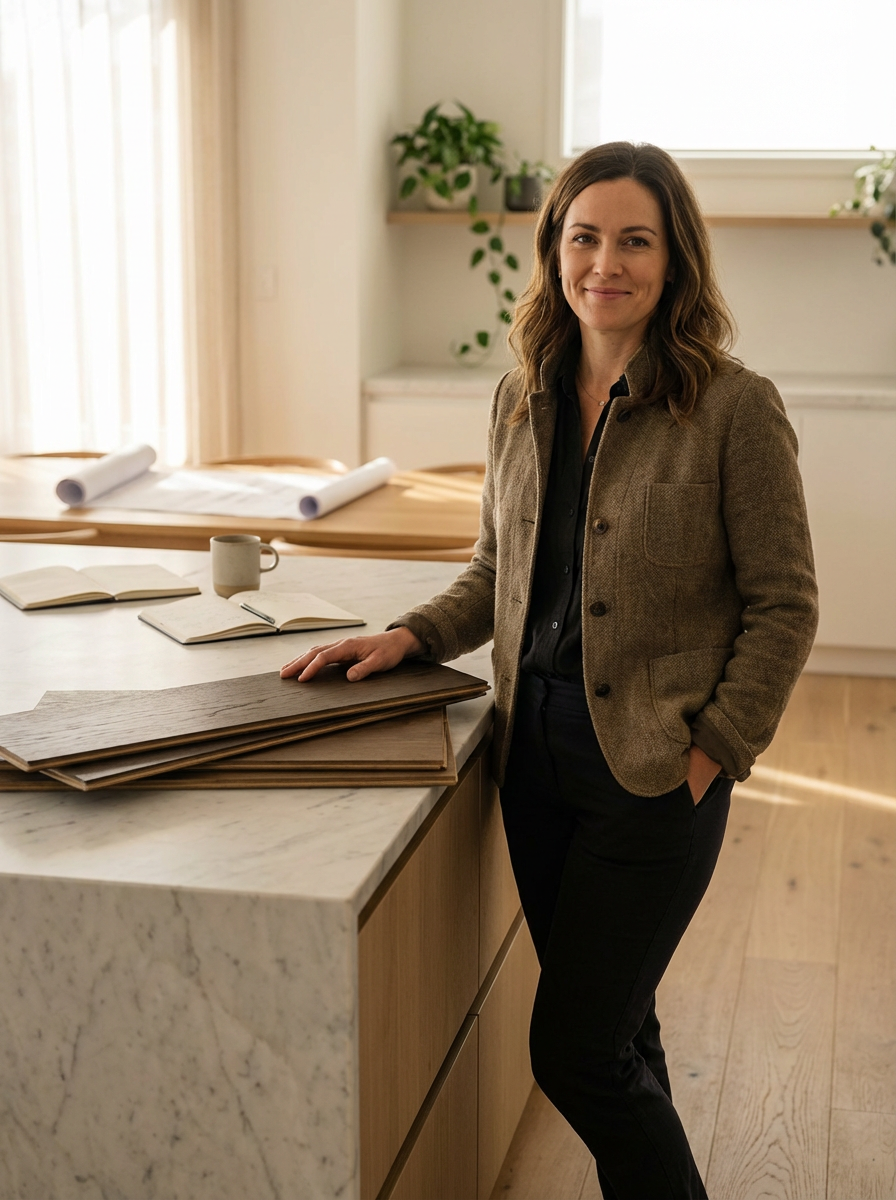A woman with shoulder-length brown hair standing in a bright, modern kitchen or workspace, leaning on a marble countertop with open books, rolled blueprints, a coffee mug, and a laptop. She is wearing a brown jacket and black pants, smiling at the camera.