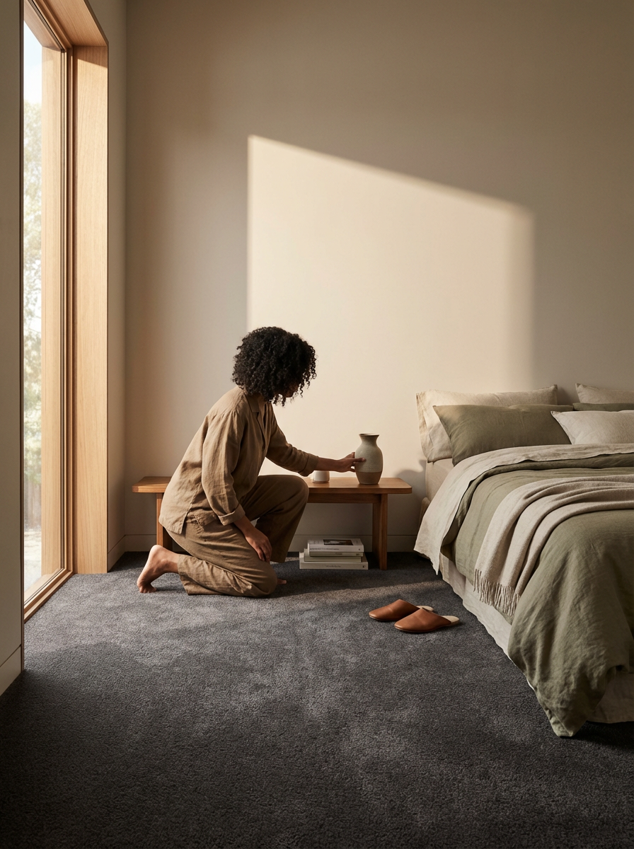 A woman is kneeling on a dark gray carpet in a bedroom, arranging or examining a ceramic vase on a wooden bedside table beside a bed with olive green and white bedding. Slippers are on the floor near the bed. Sunlight is casting a large rectangular shadow on the plain light-colored wall.