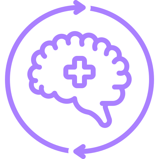 An outline of a brain with a medical cross inside, encircled by two arrows forming a loop, representing mental health or neurological health concept.