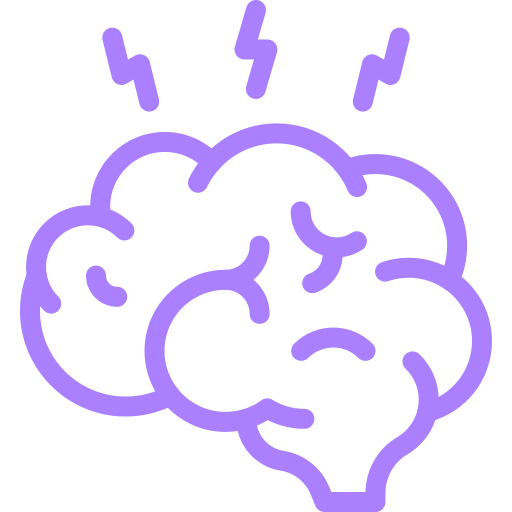 A purple outline of a brain with three lightning bolts above it, indicating a headache or migraine.