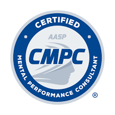A circular emblem with blue and gray colors, featuring the words 'CERTIFIED', 'MENTAL PERFORMANCE CONSULTANT', and 'AASP', along with the 'CMPC' certification mark and a profile silhouette.