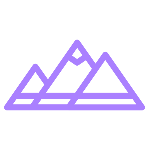 Minimalist purple line drawing of mountain peaks on a black background.