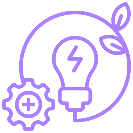 Line drawing of a light bulb with a leaf, gear with plus sign, and circular arrow indicating eco-friendly energy and innovation