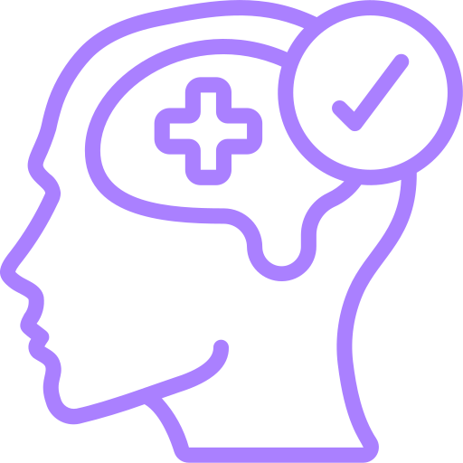 Outline of a human head with a medical cross and a checkmark inside a thought bubble.