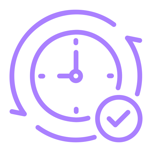 Purple clock icon with circular arrows indicating time management or scheduling, and a checkmark symbol.