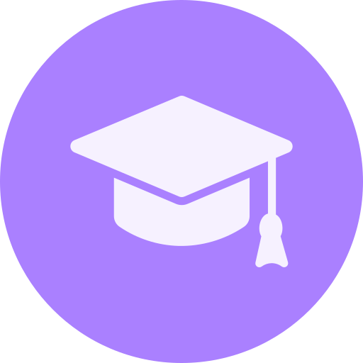 Graduation cap icon on a purple circular background.