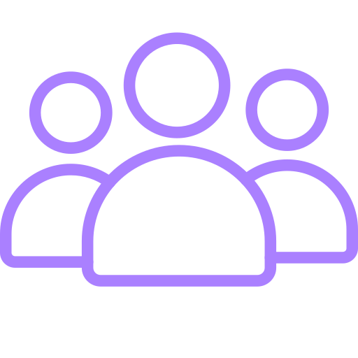 Outline of three people, with one in the foreground and two in the background, all in purple.