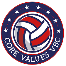 Logo of Core Values VBC featuring a stylized volleyball surrounded by 13 white stars in a circular blue border with red and white accents.