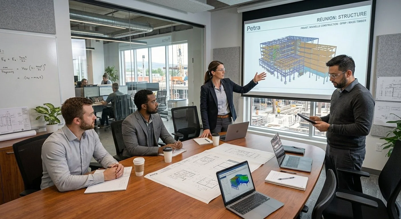 A team of five professionals having a meeting in a modern office conference room. One woman is presenting a structural design on a large screen to four men seated around the table. The table has architectural blueprints, a laptop, notebooks, and coffee cups. There are large windows revealing an urban construction site outside.