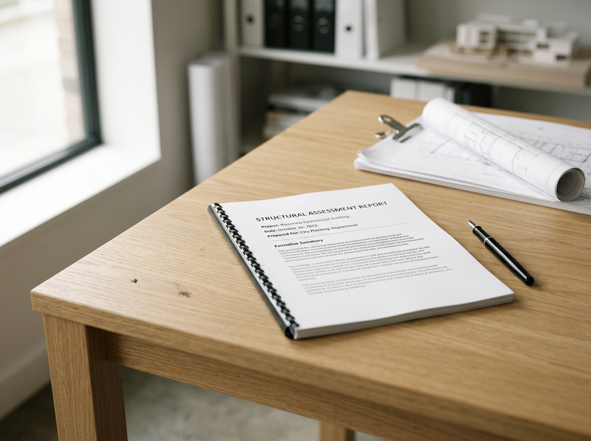 Structural assessment report and architectural engineering plans for building compliance