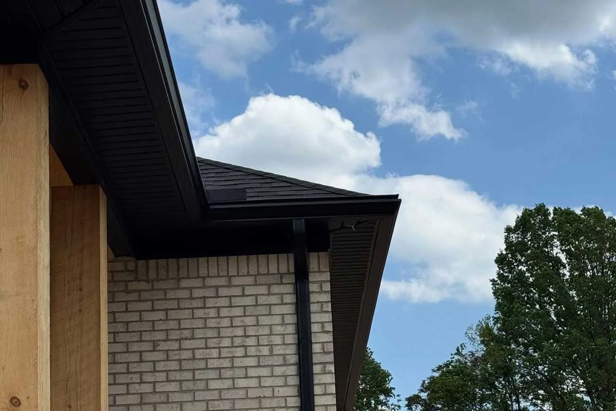 Part of a house with a brick wall, black siding, and black roof shingles, with a tree and blue sky with clouds in the background.