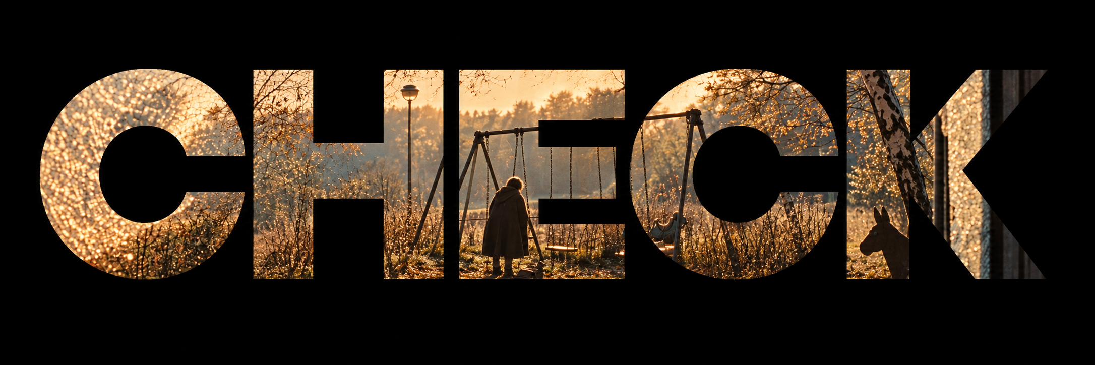 CHECK masthead with a still from Children of Men (2006) visible through the letterforms, showing a figure beside swings in an overgrown sunlit garden.