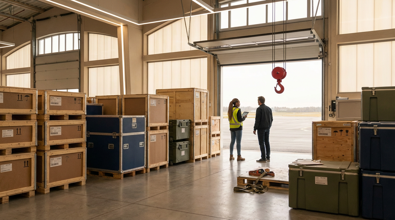 Cargo and packing crates in a warehouse