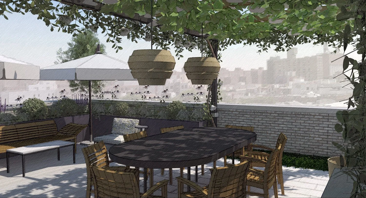 Rendering of a dining table beneath pendant lanterns and a planted pergola, Lower East Side Penthouse