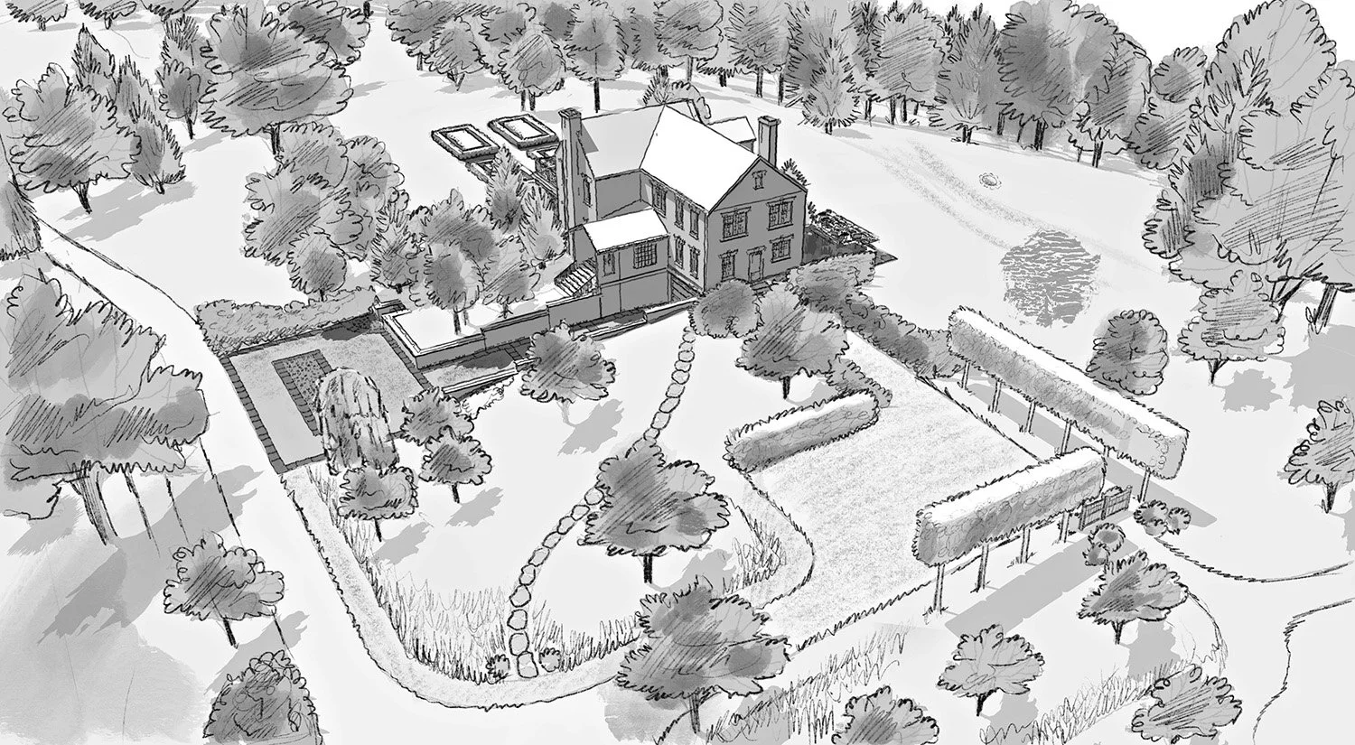 Aerial sketch of the house, orchard and enclosed gardens, Greenhill Country Estate, Tivoli