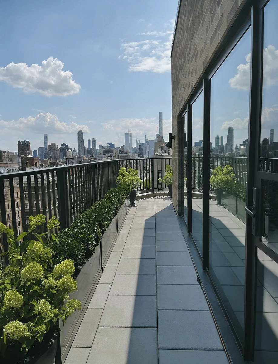 Narrow terrace lined with planters beside floor-to-ceiling windows, Park Avenue Penthouse