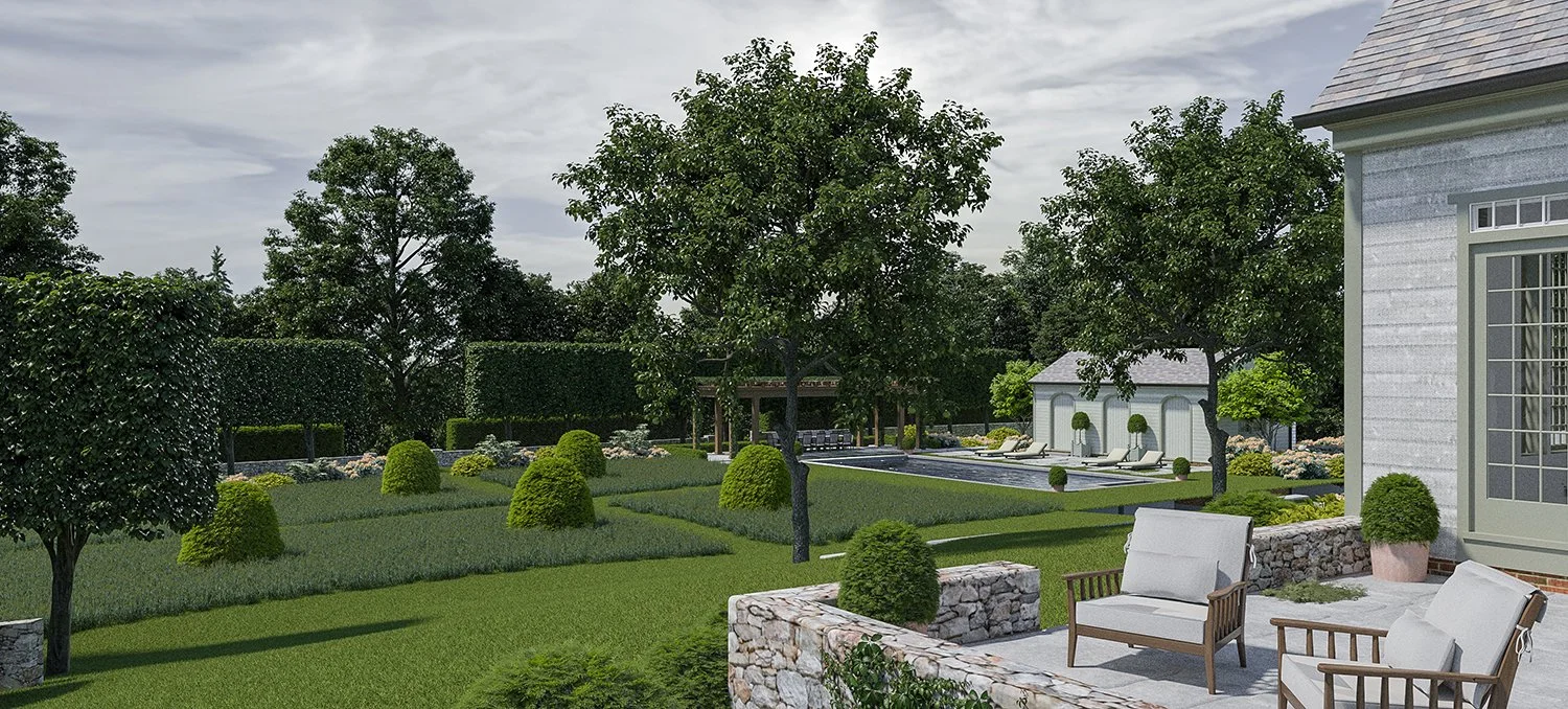 Rendering of a seating terrace overlooking the pool garden, Country Home, Redding CT