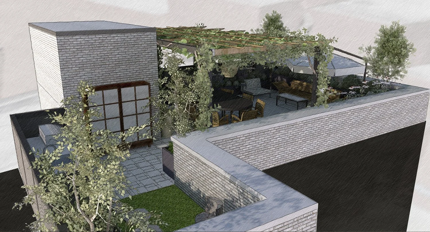 Rendering of the pergola and planting around the rooftop stair bulkhead, Lower East Side Penthouse
