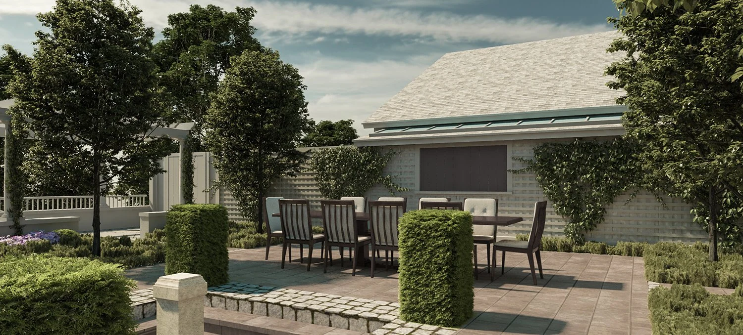 Rendering of the dining area beside the courtyard planting, Hudson Highland Estate, Garrison NY