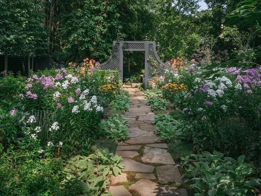 Flagstone path through phlox to the trellis gate, Historic Garden, Shrewsbury NJ