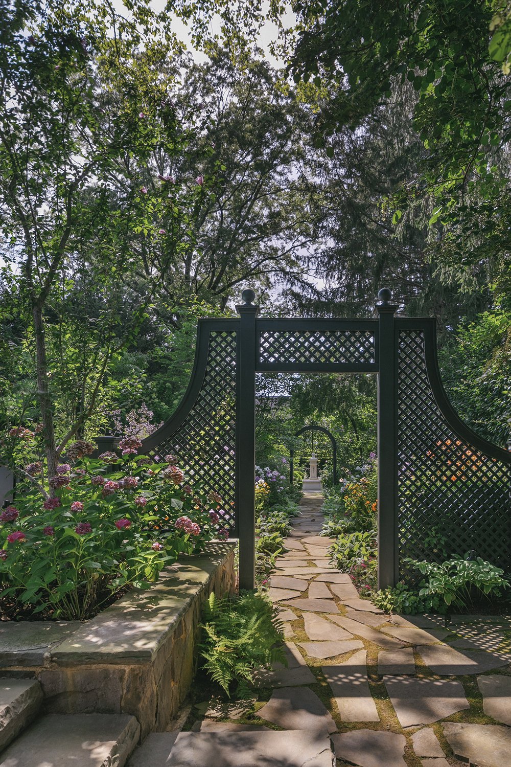 Trellis archway leading between garden rooms, Historic Garden, Shrewsbury NJ