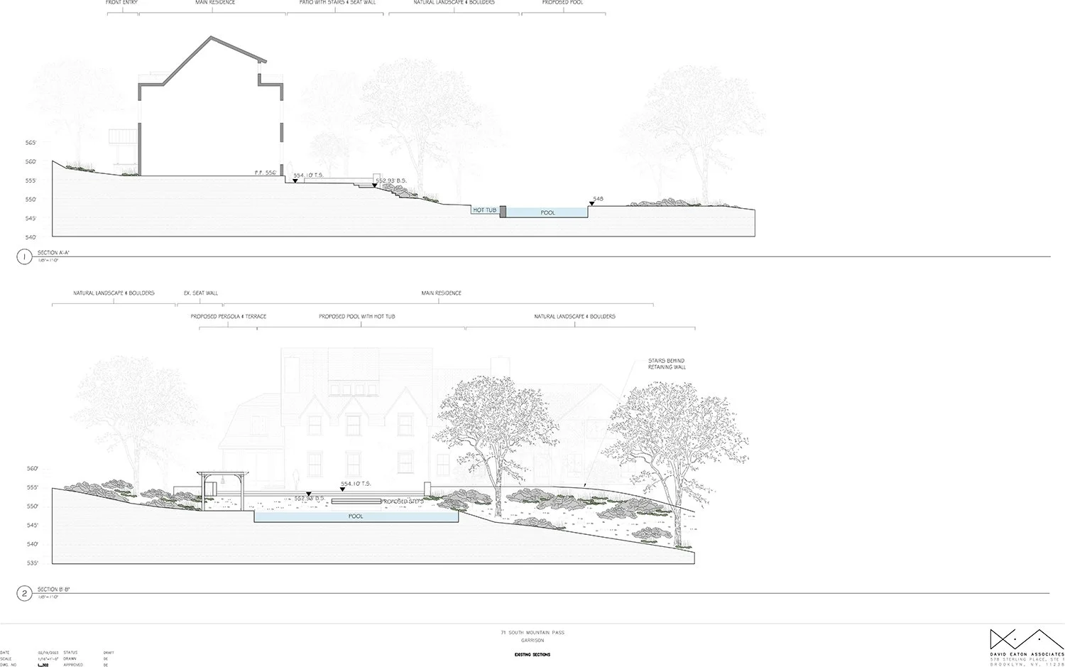 Sections through the terraces and pool showing the change in level, Country Estate, Garrison NY