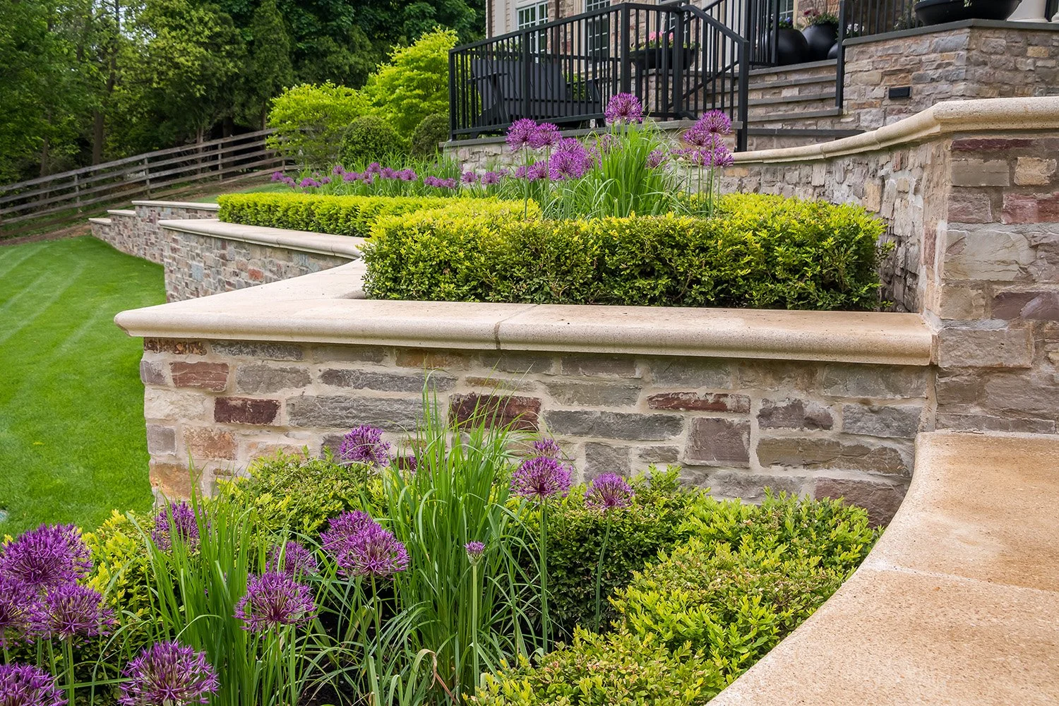 Curved stone retaining wall with clipped hedges and alliums, Riverfront Estate, Navesink River