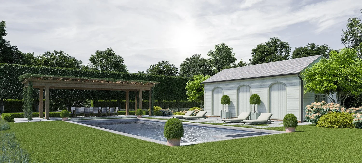 Rendering of the pool garden with the repositioned pergola and pool house, Country Home, Redding CT