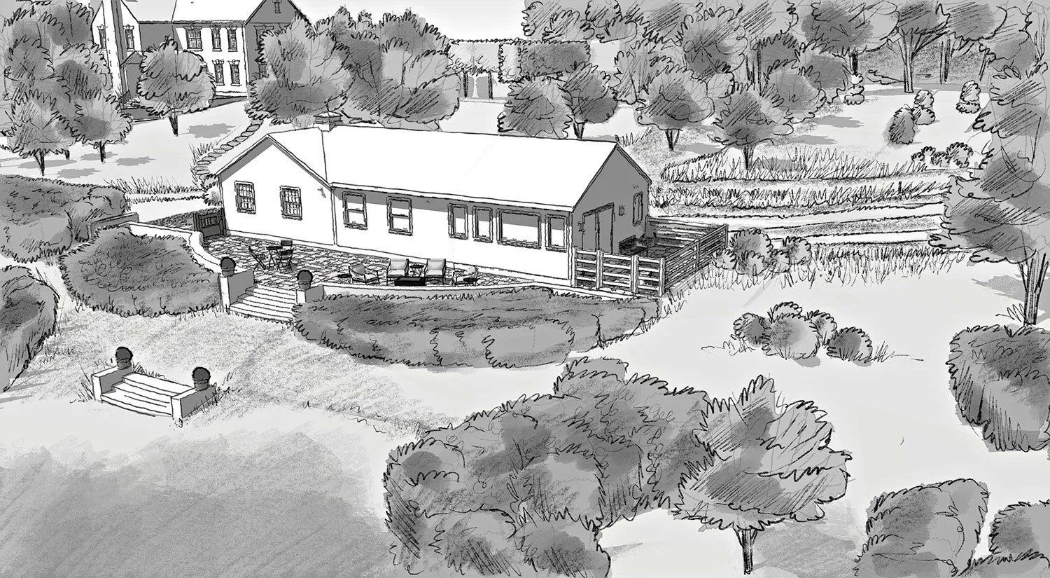 Sketch of the cottage and its bluestone terrace, Greenhill Country Estate, Tivoli